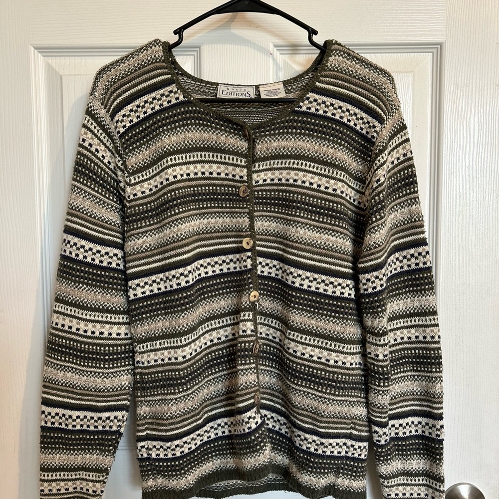 Basic Editions Green and White Cardigan Sweater
